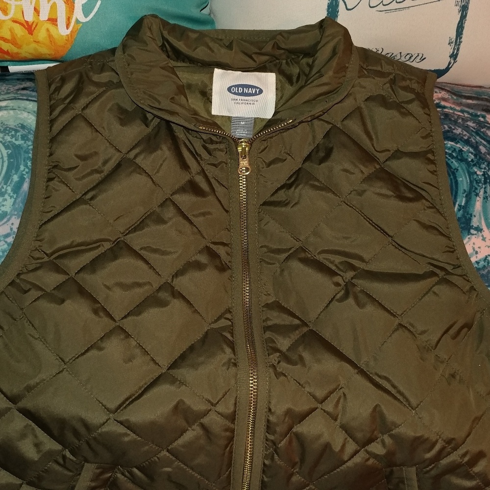Olive and Gold Zippered Quilted Vest with Collar